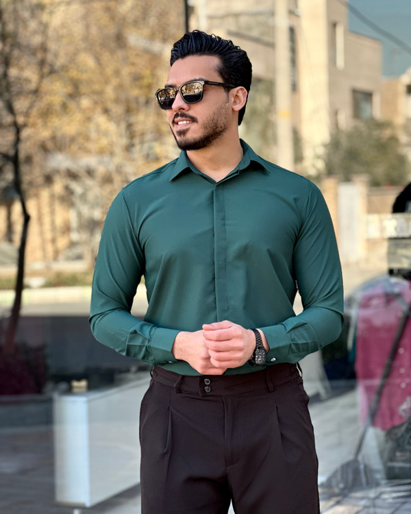 پیراهن مردانه | پارچه دوشین ضدچروک سبز درباری mrtavan