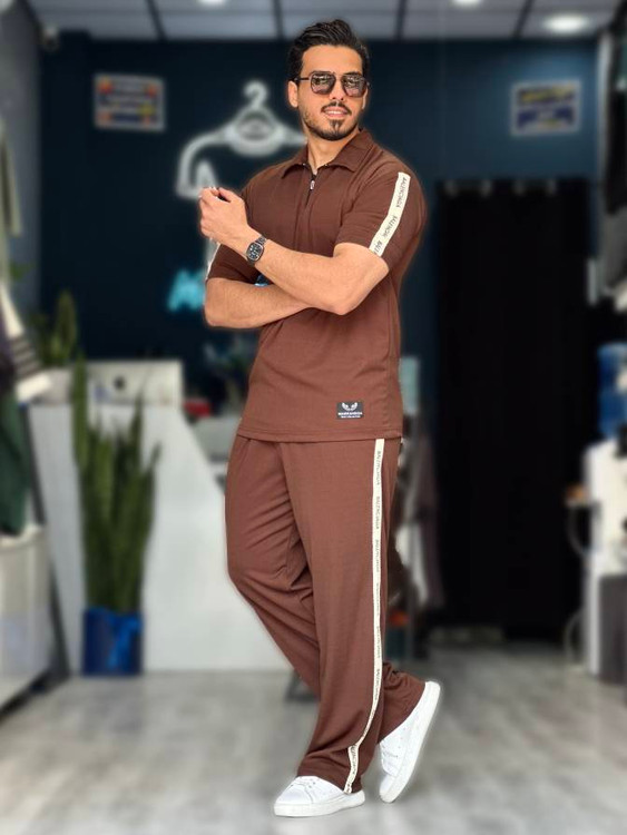 ست تیشرت شلوار نیم زیپ مردانه قهوه ای Mrtavan