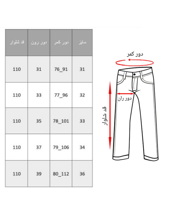 جدول سایز بندی شلوارجین بگ مردانه رنگ ابی