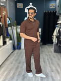 ست تیشت شلوارنیم زیپ مردانه | پارچه نخ مراکشی قهوه ای سوخته mrtavan