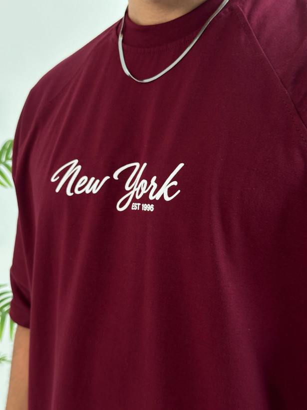تیشرت مردانه باکسی طرح New york رنگ چری برند Mr Tavan