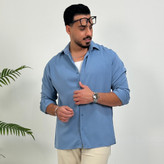پیراهن مردانه باکسی آستین بلند رنگ ابی پاستیلی برندMr Tavan
