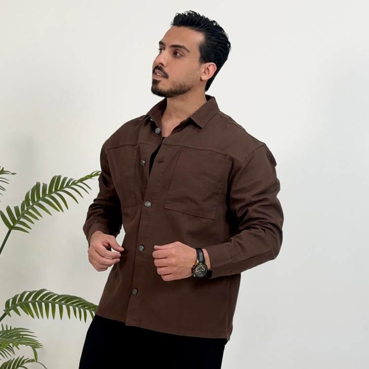 پیراهن کتان مردانه باکسی آستین بلند رنگ قهوه ای برند Mr Tavan