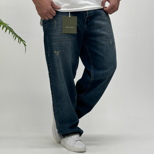 شلوار جین بگ مردانه | رنگ ابی وسط رادو سفید زاپ پنجه ای | پشت کمر کش | باضمانت | پارچه اعلا