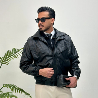 بایکر جکت چرم باکسی مردانه رنگ مشکی برندmr tavan