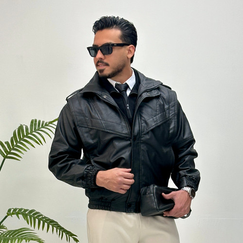 بایکر جکت چرم باکسی مردانه رنگ مشکی برندmr tavan